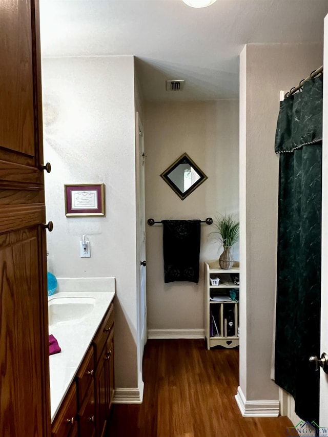 bathroom with hardwood / wood-style floors and vanity