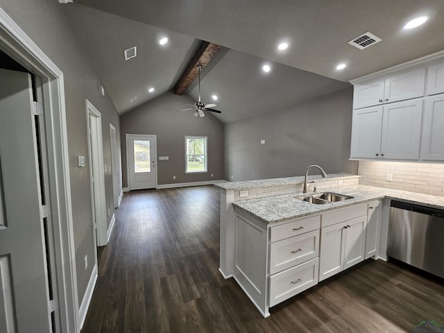 kitchen with dishwasher, sink, white cabinets, and kitchen peninsula