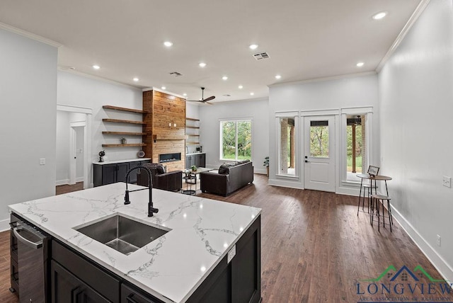 kitchen featuring light stone countertops, sink, ceiling fan, stainless steel dishwasher, and an island with sink