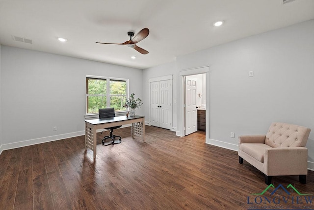 office space featuring ceiling fan and dark wood-type flooring