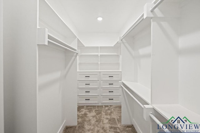 walk in closet featuring light carpet