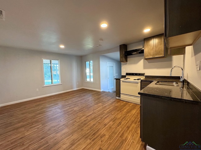 kitchen with dark brown cabinetry, sink, dark hardwood / wood-style floors, white range with electric stovetop, and exhaust hood