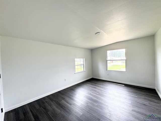 empty room featuring lofted ceiling and dark wood-type flooring