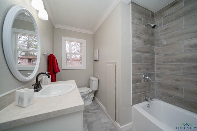 bathroom with a healthy amount of sunlight, crown molding, vanity, and shower / bathing tub combination