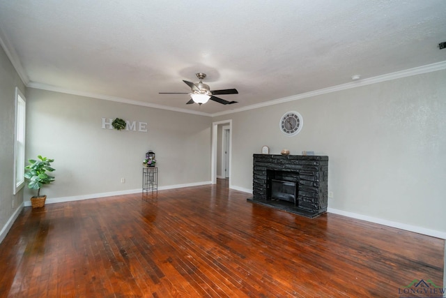 unfurnished living room featuring dark wood-style floors, a fireplace, baseboards, and a ceiling fan