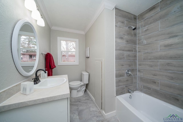 bathroom with baseboards, toilet, bathtub / shower combination, crown molding, and vanity