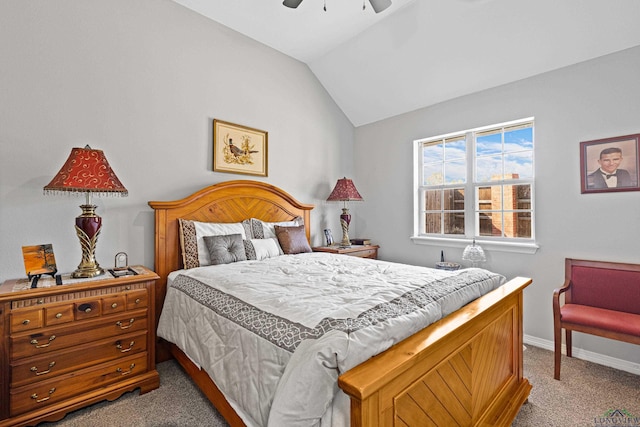 bedroom with lofted ceiling, carpet floors, and ceiling fan