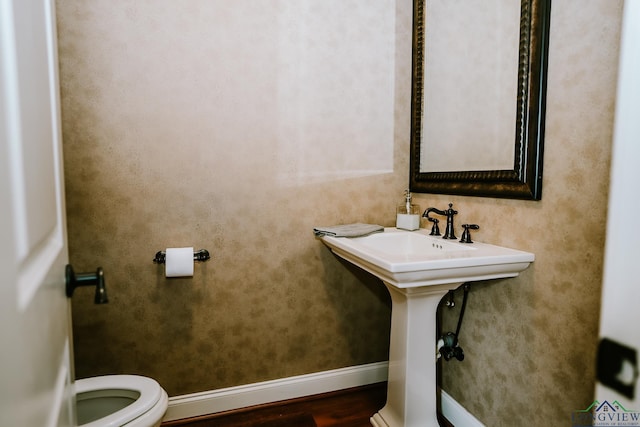 bathroom with hardwood / wood-style flooring and toilet