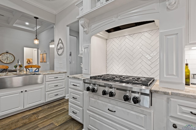 kitchen featuring sink, crown molding, dark hardwood / wood-style flooring, white cabinets, and stainless steel gas stovetop