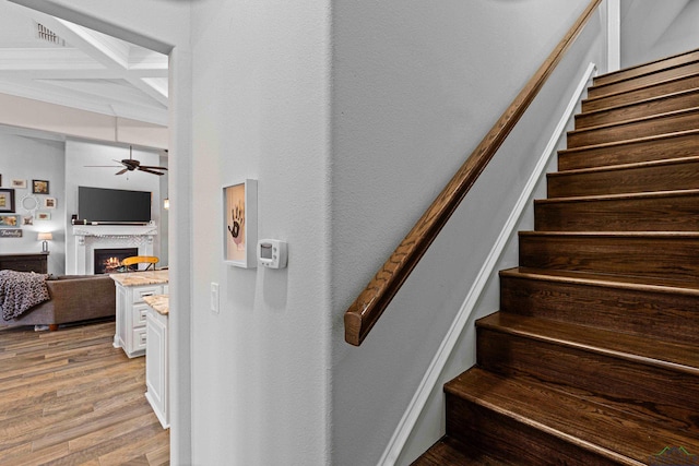 staircase with ceiling fan, wood-type flooring, coffered ceiling, and beamed ceiling