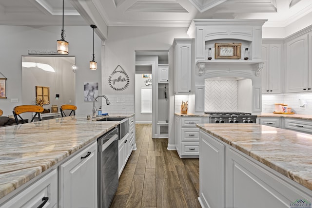 kitchen featuring white cabinetry, crown molding, and light stone countertops