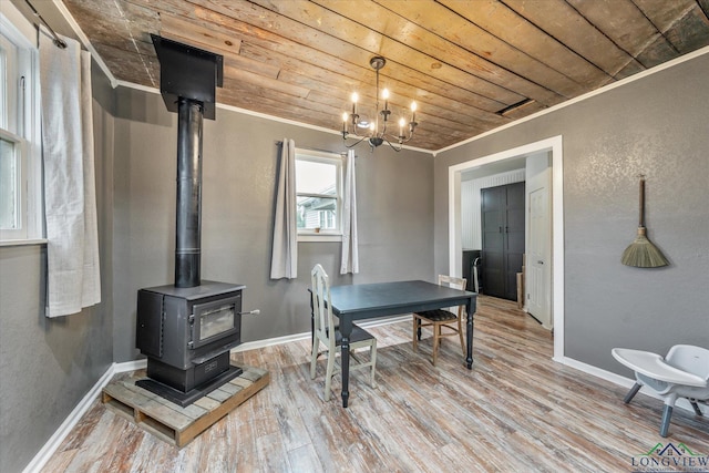 280 S Stonewall St, Tatum, TX 75691 - dining area with a wood stove, wooden ceiling, light wood finished floors, a textured wall, and baseboards