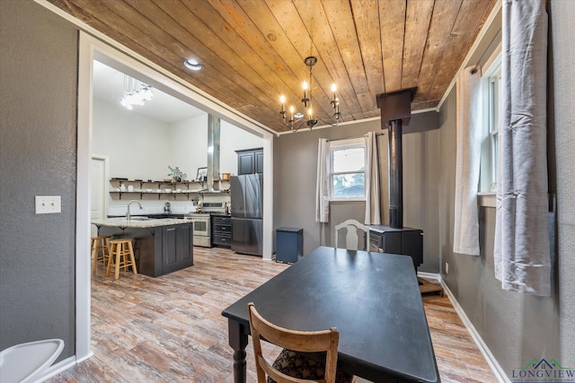 280 S Stonewall St, Tatum, TX 75691 - dining area with wood ceiling, a wood stove, a chandelier, light wood-type flooring, and baseboards