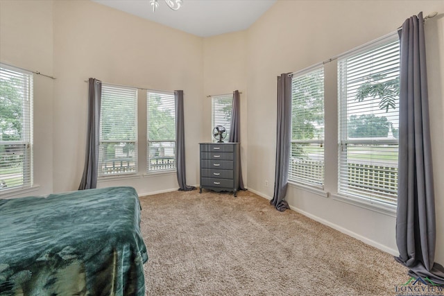 280 S Stonewall St, Tatum, TX 75691 - carpeted bedroom with multiple windows, baseboards, and a towering ceiling