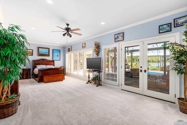 bedroom with access to exterior, french doors, light carpet, ornamental molding, and ceiling fan