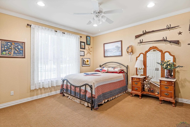 bedroom featuring multiple windows, carpet floors, and ceiling fan