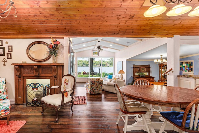 dining area featuring vaulted ceiling with beams, dark hardwood / wood-style floors, wooden ceiling, and ceiling fan with notable chandelier