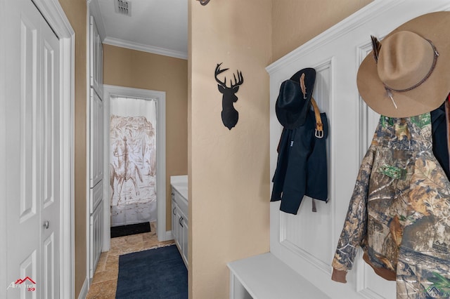 mudroom featuring ornamental molding