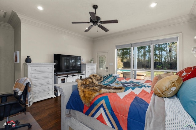 bedroom featuring dark hardwood / wood-style flooring, ceiling fan, and crown molding