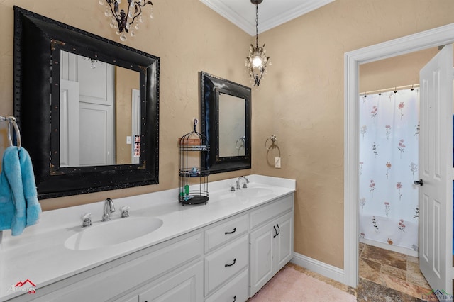 bathroom with vanity, ornamental molding, and shower / tub combo with curtain