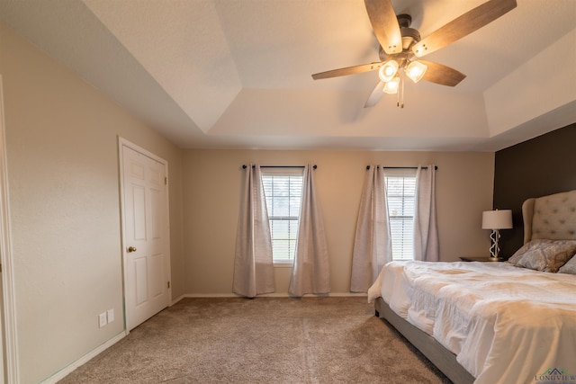 bedroom featuring a raised ceiling, ceiling fan, and carpet