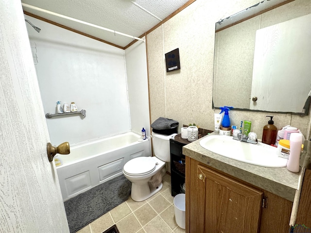 full bathroom featuring tub / shower combination, tile patterned floors, a textured ceiling, toilet, and vanity