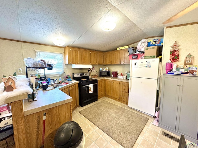 kitchen featuring black appliances, sink, lofted ceiling, and kitchen peninsula