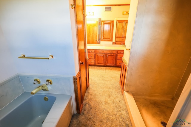 bathroom with a washtub and vanity