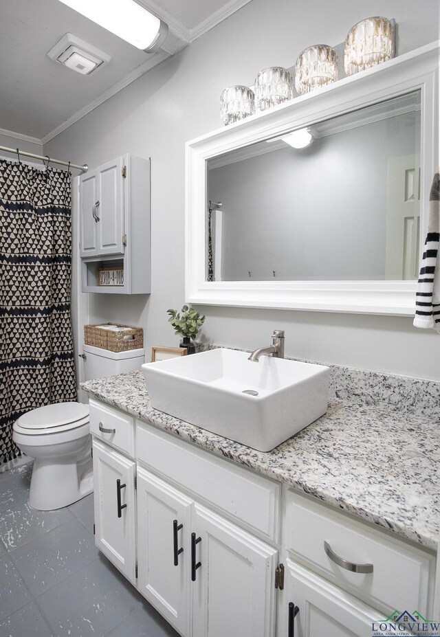 144 Hollie Cir, Sulphur Springs, TX 75482 - bathroom featuring crown molding, toilet, vanity, tile patterned flooring, and a shower with curtain