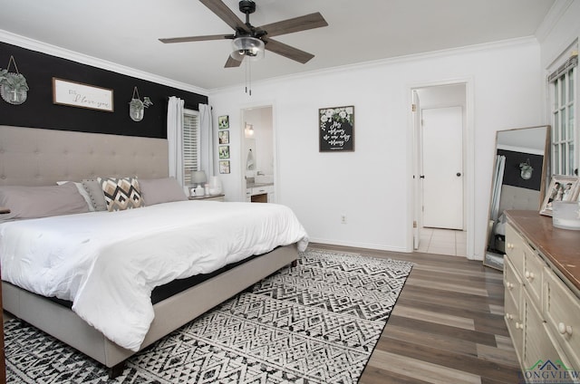 144 Hollie Cir, Sulphur Springs, TX 75482 - bedroom with wood finished floors, crown molding, connected bathroom, ceiling fan, and baseboards