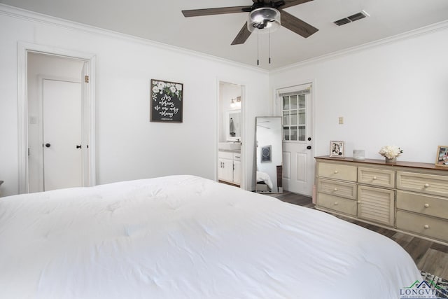 144 Hollie Cir, Sulphur Springs, TX 75482 - bedroom featuring crown molding, wood finished floors, a sink, ceiling fan, and ensuite bathroom