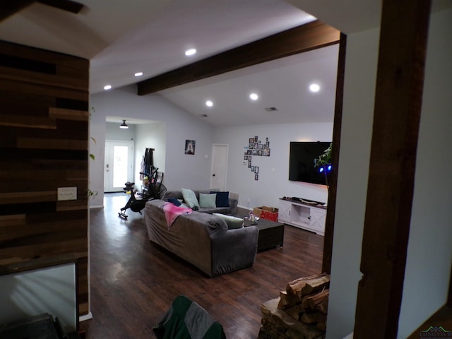 living area with lofted ceiling with beams, wood finished floors, and recessed lighting