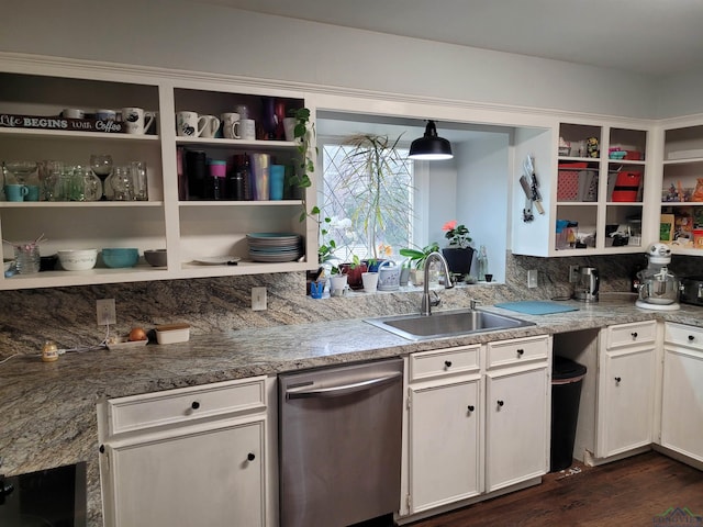 kitchen featuring dark wood finished floors, open shelves, a sink, white cabinets, and dishwasher