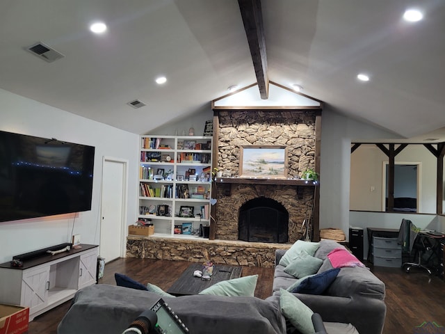 living room featuring visible vents, a fireplace, vaulted ceiling with beams, and wood finished floors