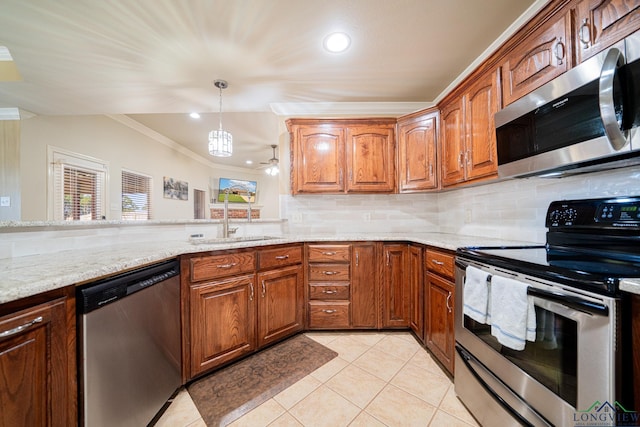 kitchen with backsplash, appliances with stainless steel finishes, light stone countertops, and light tile patterned floors