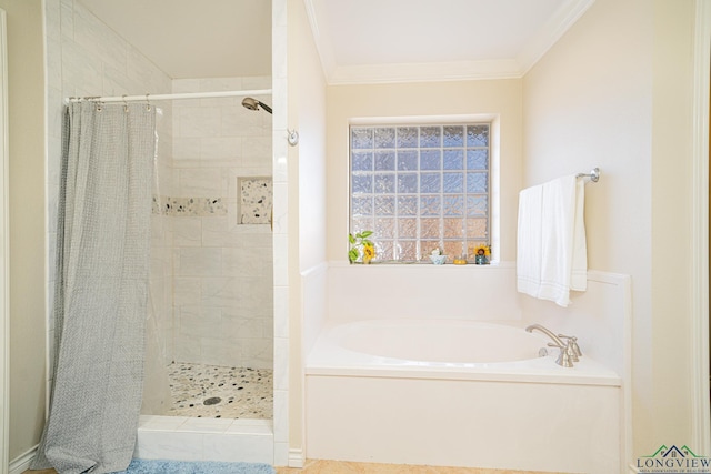 bathroom featuring ornamental molding and plus walk in shower