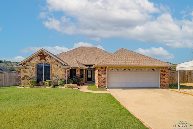 single story home with a garage and a front yard