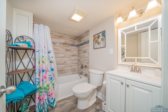 bathroom featuring vanity, toilet, wood finished floors, and shower / tub combo with curtain