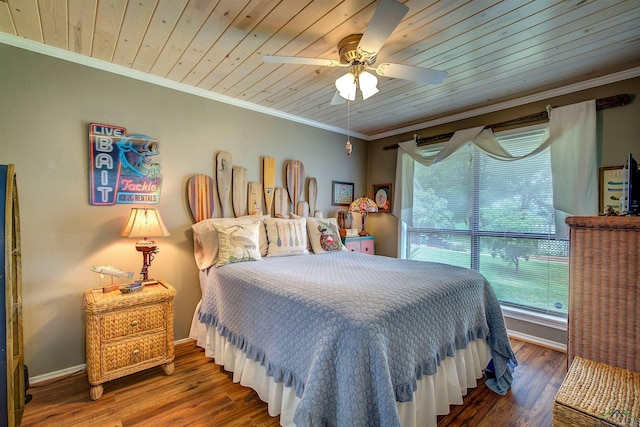 209 Rocky Point Rd, Mount Vernon, TX 75457 - bedroom featuring wood ceiling, ornamental molding, wood finished floors, ceiling fan, and baseboards