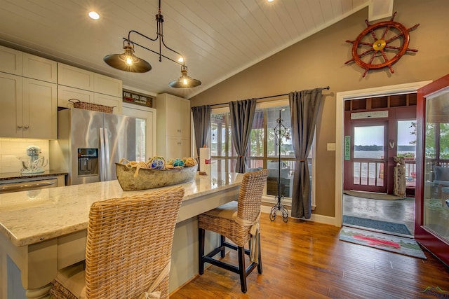209 Rocky Point Rd, Mount Vernon, TX 75457 - dining room with vaulted ceiling, wood finished floors, wood ceiling, recessed lighting, and baseboards