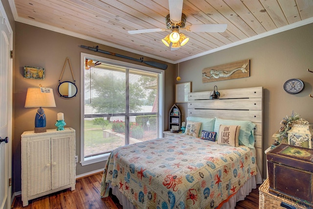 209 Rocky Point Rd, Mount Vernon, TX 75457 - bedroom featuring ornamental molding, wood finished floors, wood ceiling, baseboards, and a ceiling fan