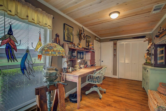 209 Rocky Point Rd, Mount Vernon, TX 75457 - office featuring crown molding, wood finished floors, and wood ceiling
