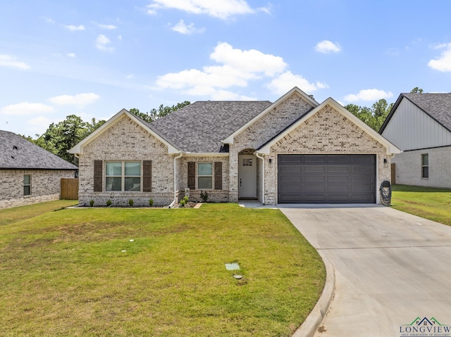 view of front of property with a front lawn and a garage