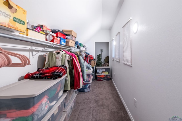 walk in closet with carpet floors and lofted ceiling