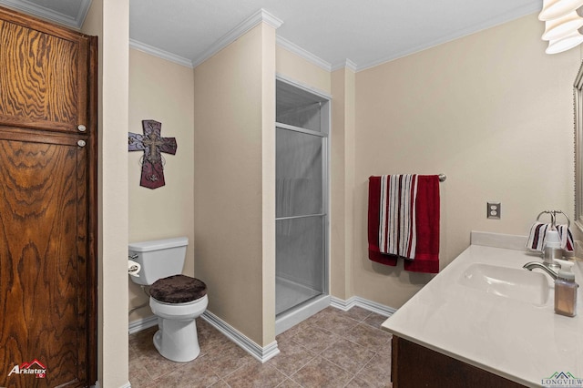 106 Brachfield Rd, Henderson, TX 75654 - full bathroom with toilet, a shower stall, baseboards, tile patterned flooring, and crown molding