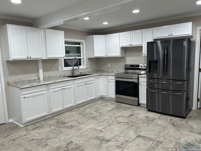 kitchen with white cabinets, sink, ornamental molding, light stone counters, and stainless steel appliances