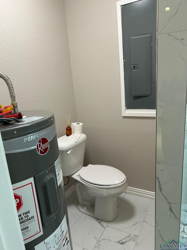 bathroom featuring electric panel, water heater, and toilet