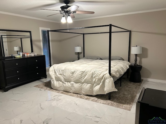 bedroom featuring ceiling fan and crown molding