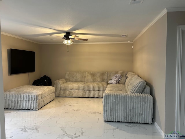 living room featuring ceiling fan and ornamental molding