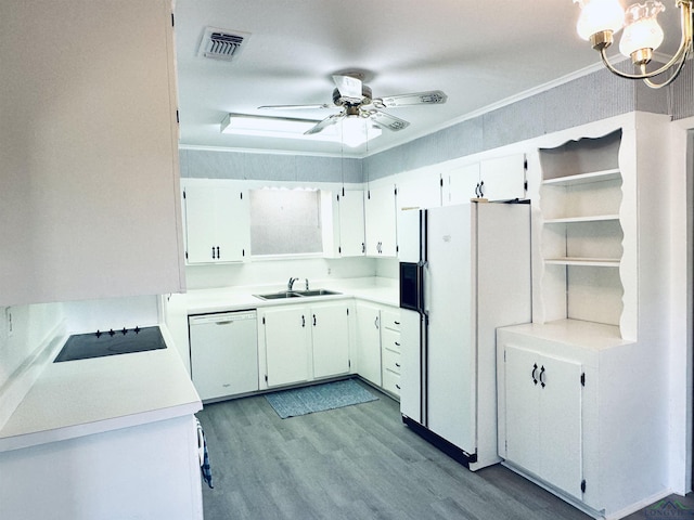 713 Martha Dr, Gladewater, TX 75647 - kitchen featuring white appliances, a sink, light wood finished floors, ceiling fan, and open shelves